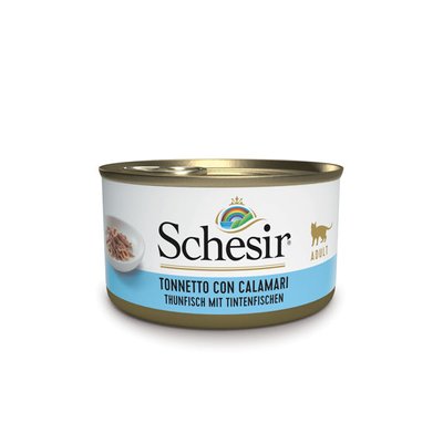 Schesir в желе натуральні консерви для котів, вологий корм, Тунець з кальмаром, банка 85г. 8005852172716 фото