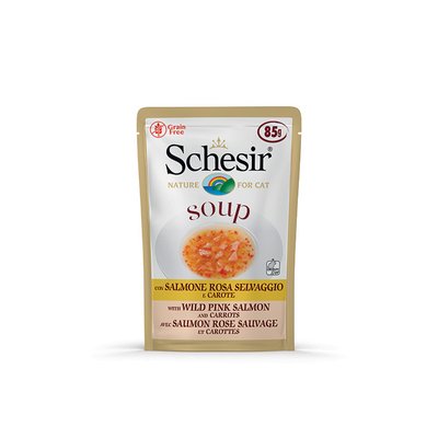 Schesir натуральні консерви для котів, вологий корм, суп з диким рожевим лососем та морквою 85г 8005852146779 фото