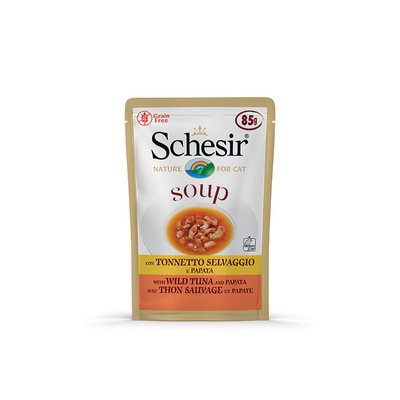 Schesir натуральні консерви для котів, вологий корм, суп з тунцем та папаєю 85г 8005852146755 фото