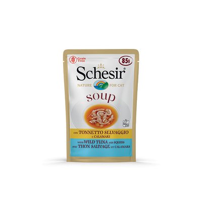 Schesir натуральні консерви для котів, вологий корм, суп Тунець з кальмаром 85г 8005852146731 фото