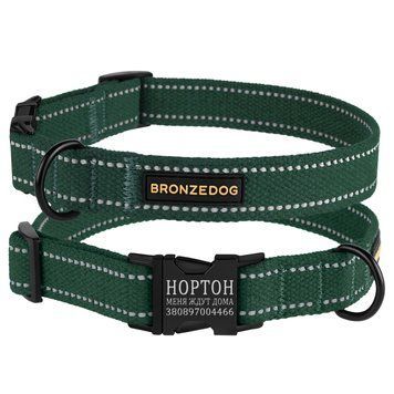 Нашийник для собак Bronzedog Сotton рефлекторний бавовняний брезент з металевою пряжкою зелений S brks46/1505Б/Т фото