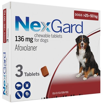 NexGard НЕКСГАРД 136 мг жувальні таблетки від бліх та кліщів для собак 25-50кг 3661103042900 фото