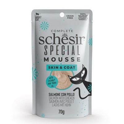 Schesir Special Skin&Coat натуральні консерви для котів, вологий корм, Лосось та курка, пауч 70г 8005852131249 фото